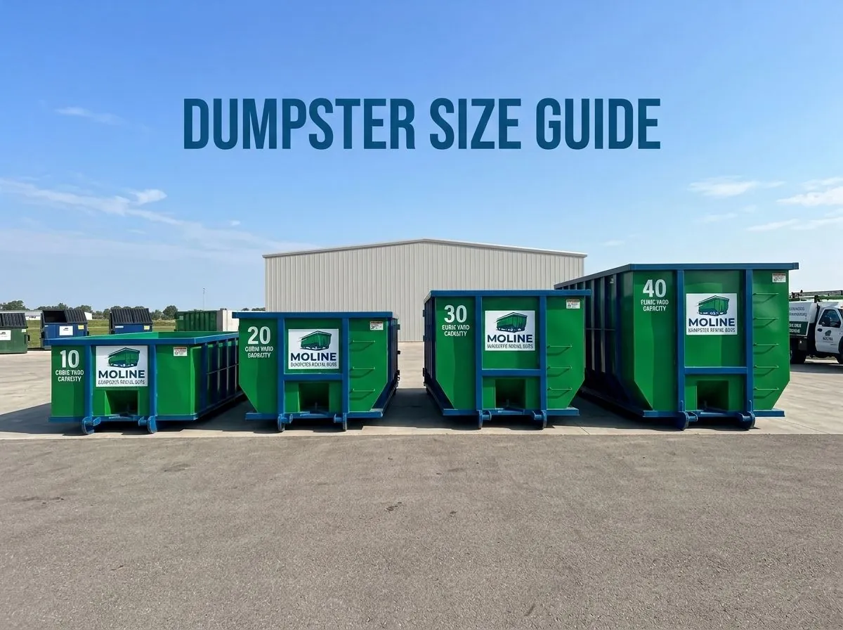 10, 15, 20 and 30 yard roll-off dumpsters lined up ready for rent in Moline, IL 10, 15, 20 and 30 yard roll-off dumpsters lined up ready for rent in Moline, IL