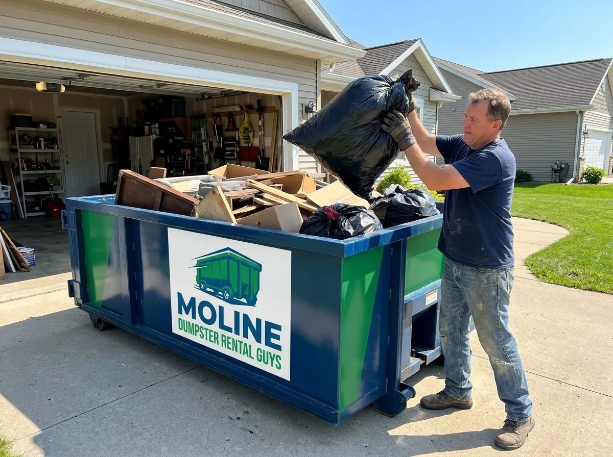 Loading bagged household junk into a roll-off dumpster at an open garage Loading bagged household junk into a roll-off dumpster at an open garage