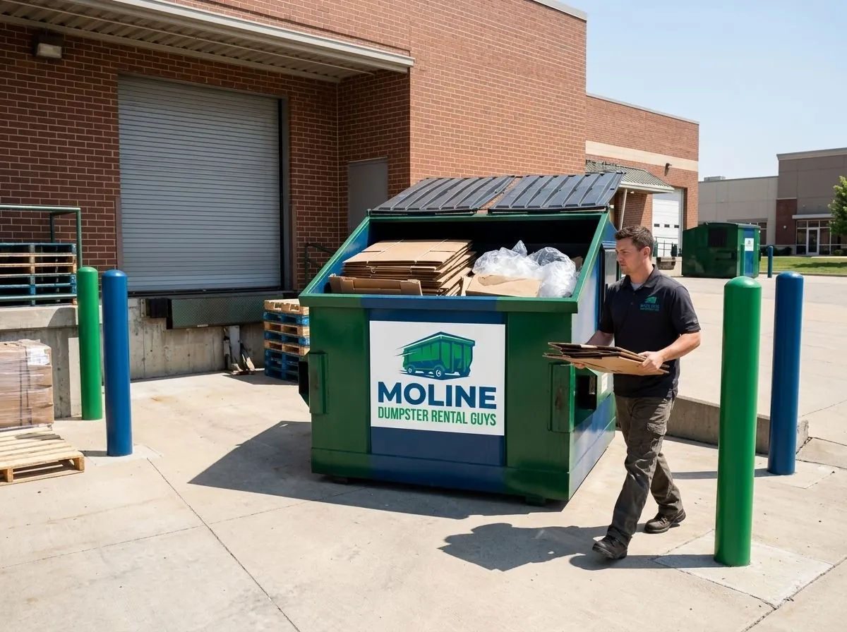 Moline Dumpster Rental Guys roll-off container and truck working a job in Rock Island County