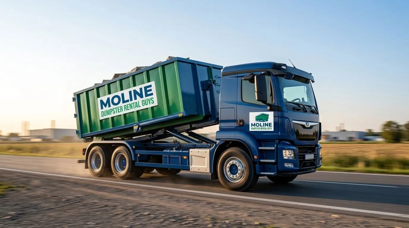 Loaded Moline Dumpster Rental Guys roll-off truck on the road